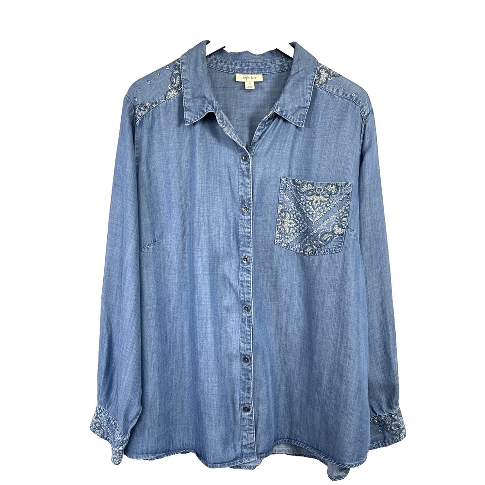 Style & Co Womens Denim Button-Up Shirt Top Size 3X Blue Roll-Tab Sleeves